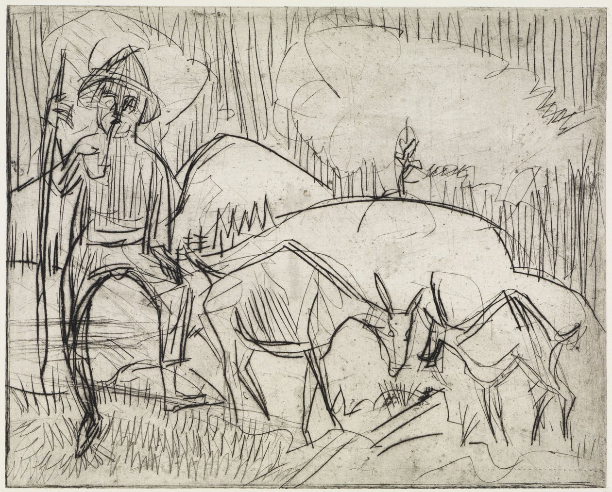 Hyrde med geder/Bjergskråning med mennesker og geder af Ernst Ludwig Kirchner