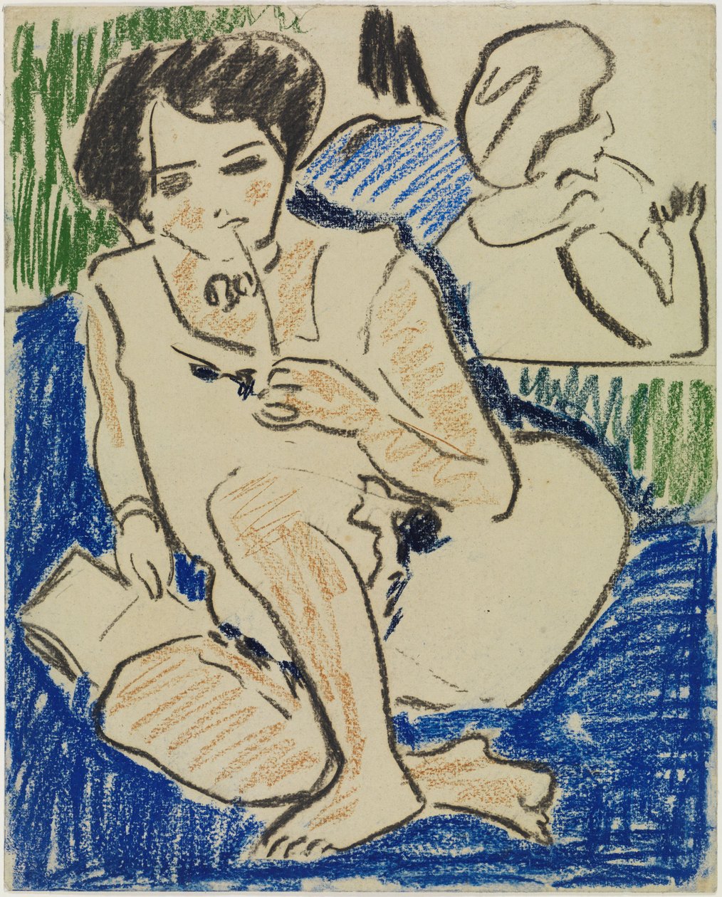 Huksiddende kvinde med bog af Ernst Ludwig Kirchner