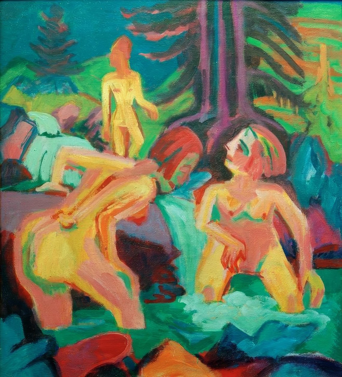 Nøgne kvinder bader i bjergstrømmen af Ernst Ludwig Kirchner
