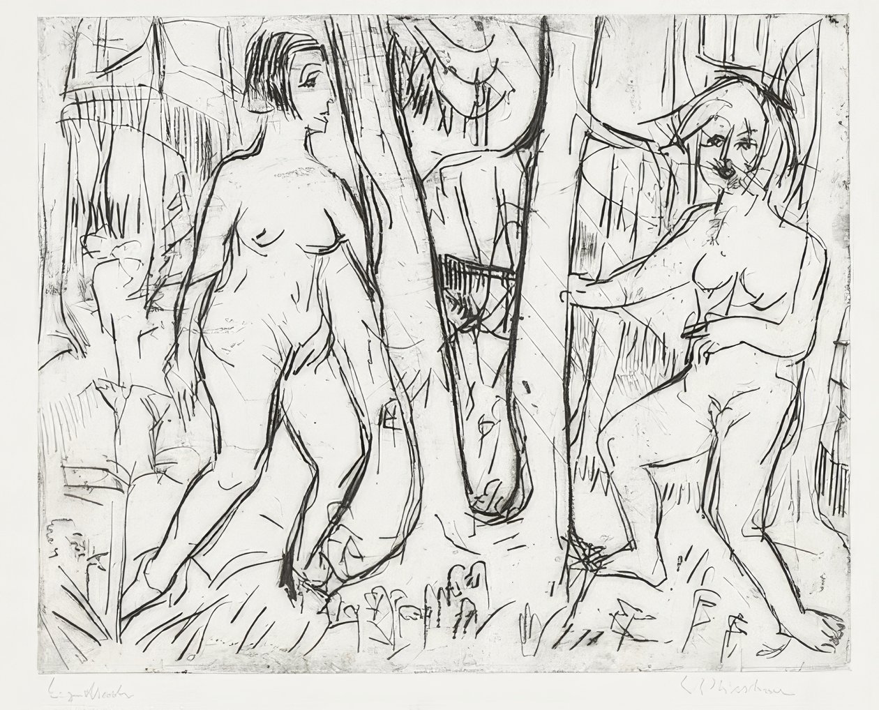 Piger leger i skoven. 1923 af Ernst Ludwig Kirchner