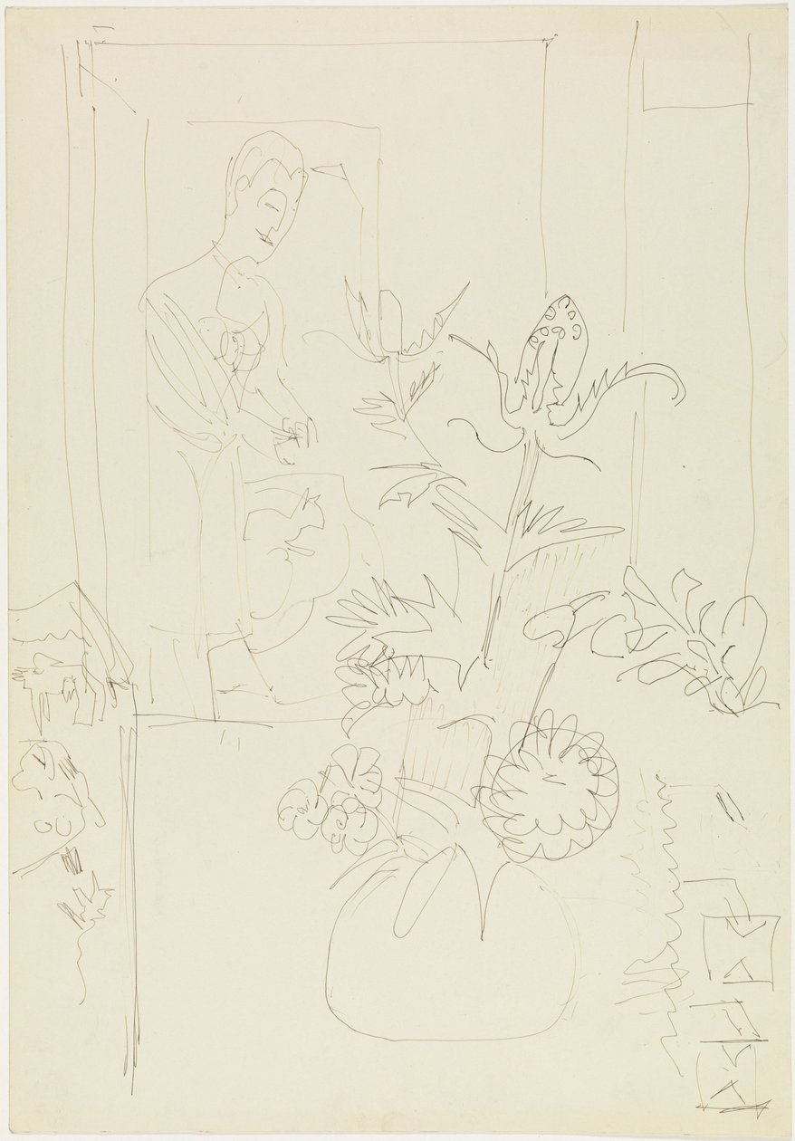 Interiør med blomstervase, kvinde og kat af Ernst Ludwig Kirchner