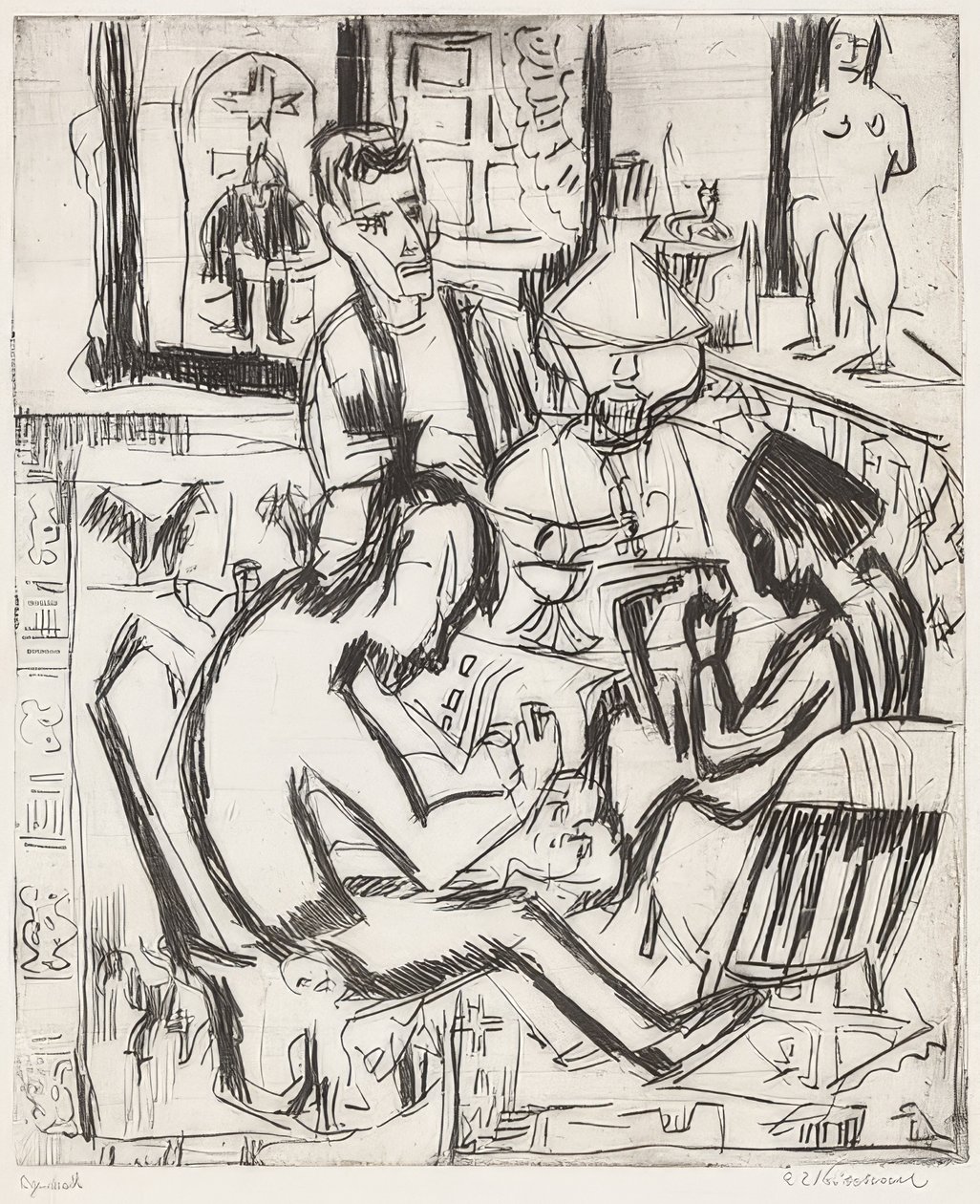 Interiør med mennesker. 1923 af Ernst Ludwig Kirchner