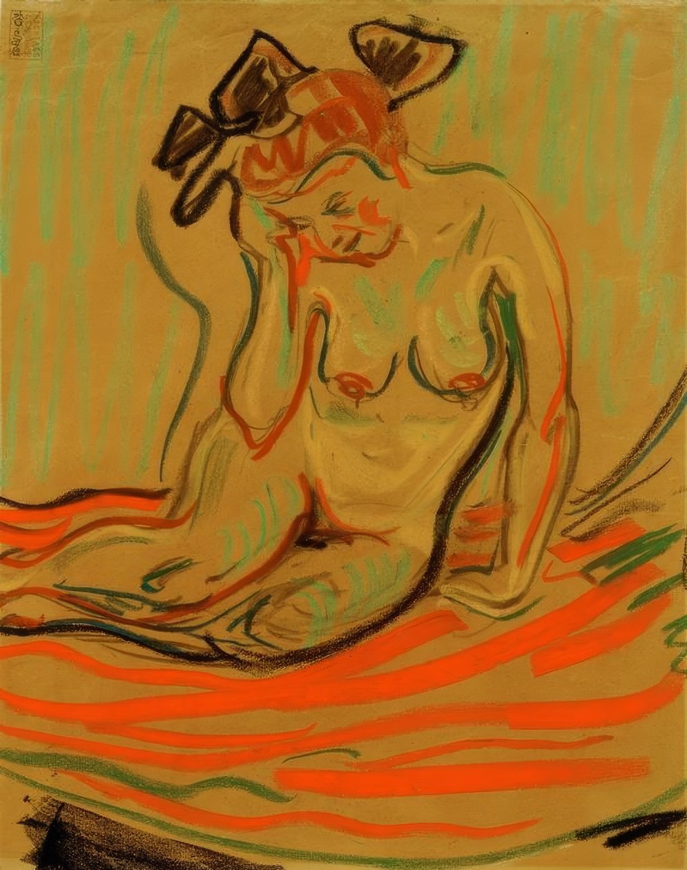 Hængende kvindelig nøgen med støttet arm af Ernst Ludwig Kirchner