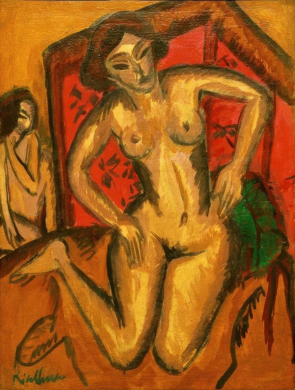 Knælende nøgen pige foran en rød skærm af Ernst Ludwig Kirchner