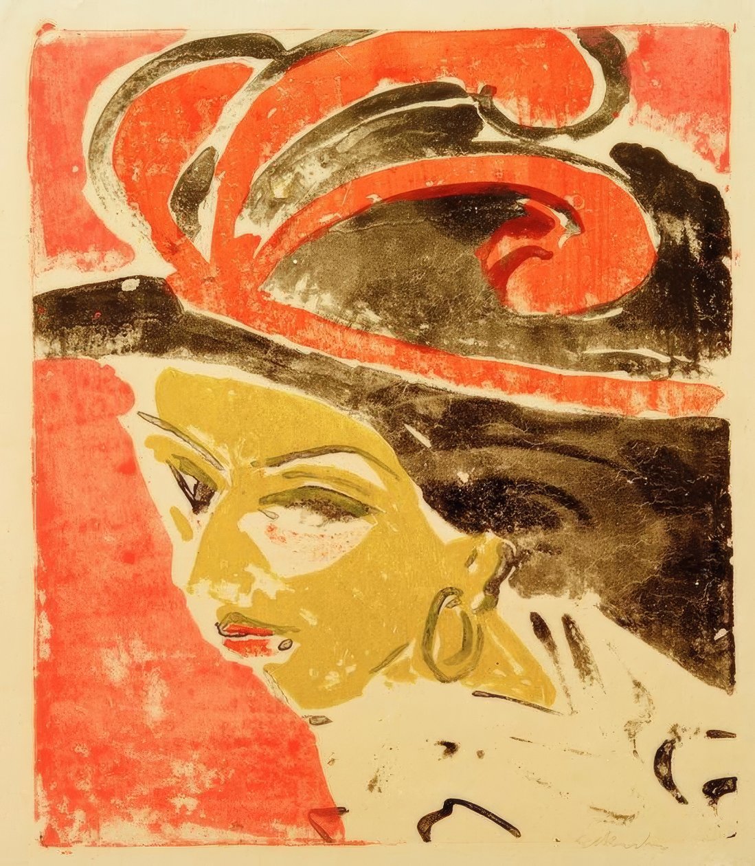 Cocottes hoved med fjerhat af Ernst Ludwig Kirchner