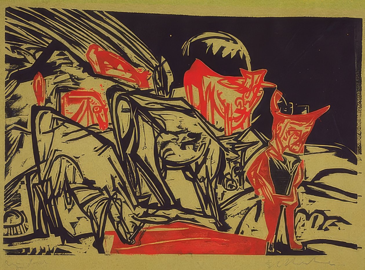 Flok køer med hyrde. 1919 af Ernst Ludwig Kirchner