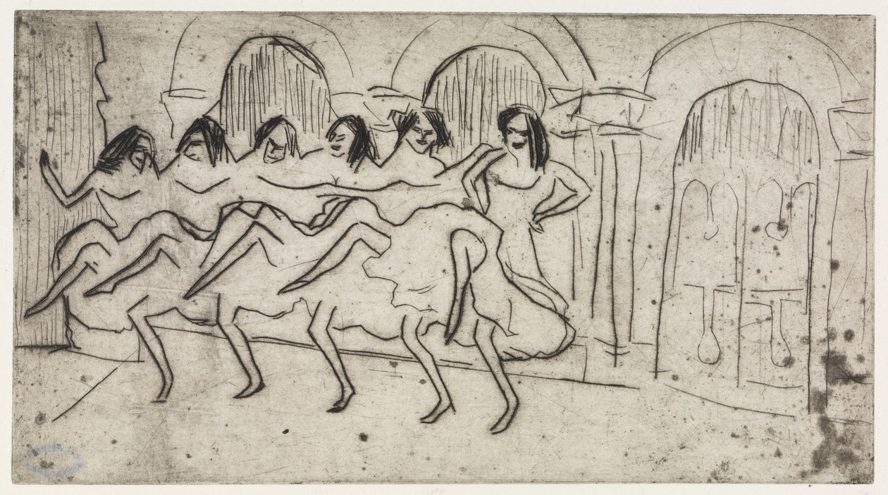 Lotte liggende på en pude/Seks danserinder foran en bueformet kulisse – engelsk ensemble af Ernst Ludwig Kirchner