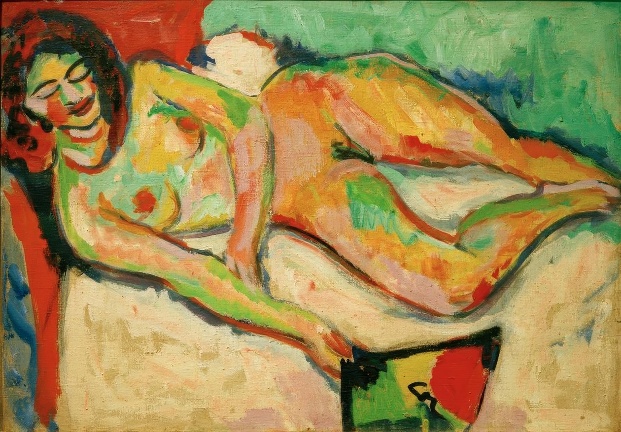 Ligger nøgen med en fan af Ernst Ludwig Kirchner