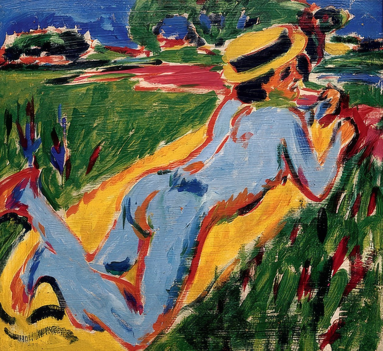 Liggende blå nøgen med stråhat. 1909 af Ernst Ludwig Kirchner