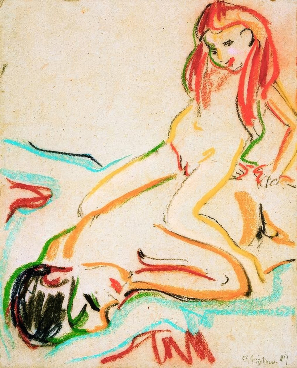 Liggende nøgen mand med barn på ryggen af Ernst Ludwig Kirchner