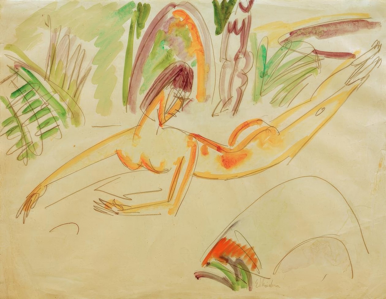 Liggende kvindelig nøgen på Femern -stranden af Ernst Ludwig Kirchner
