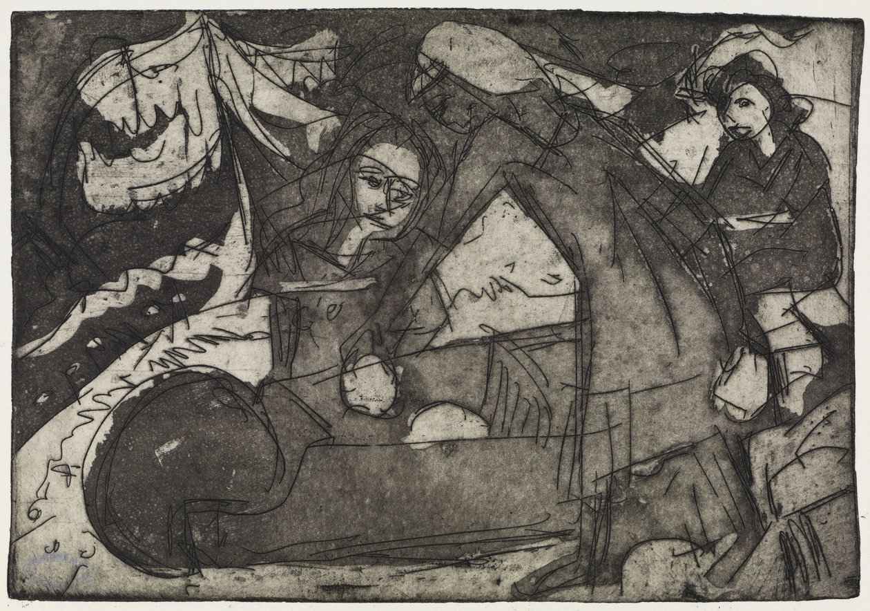 Pige med to børn/børn med trillebør af Ernst Ludwig Kirchner