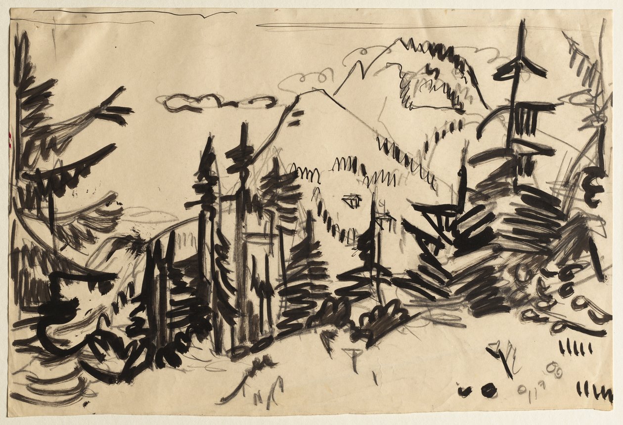 Bjerglandskab med grantræer af Ernst Ludwig Kirchner