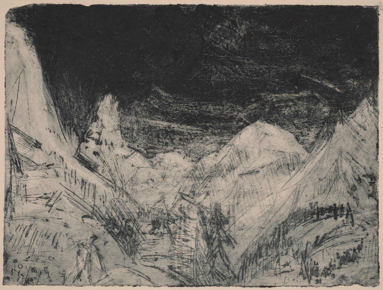 Bjerglandskab med små græsslåmaskiner af Ernst Ludwig Kirchner
