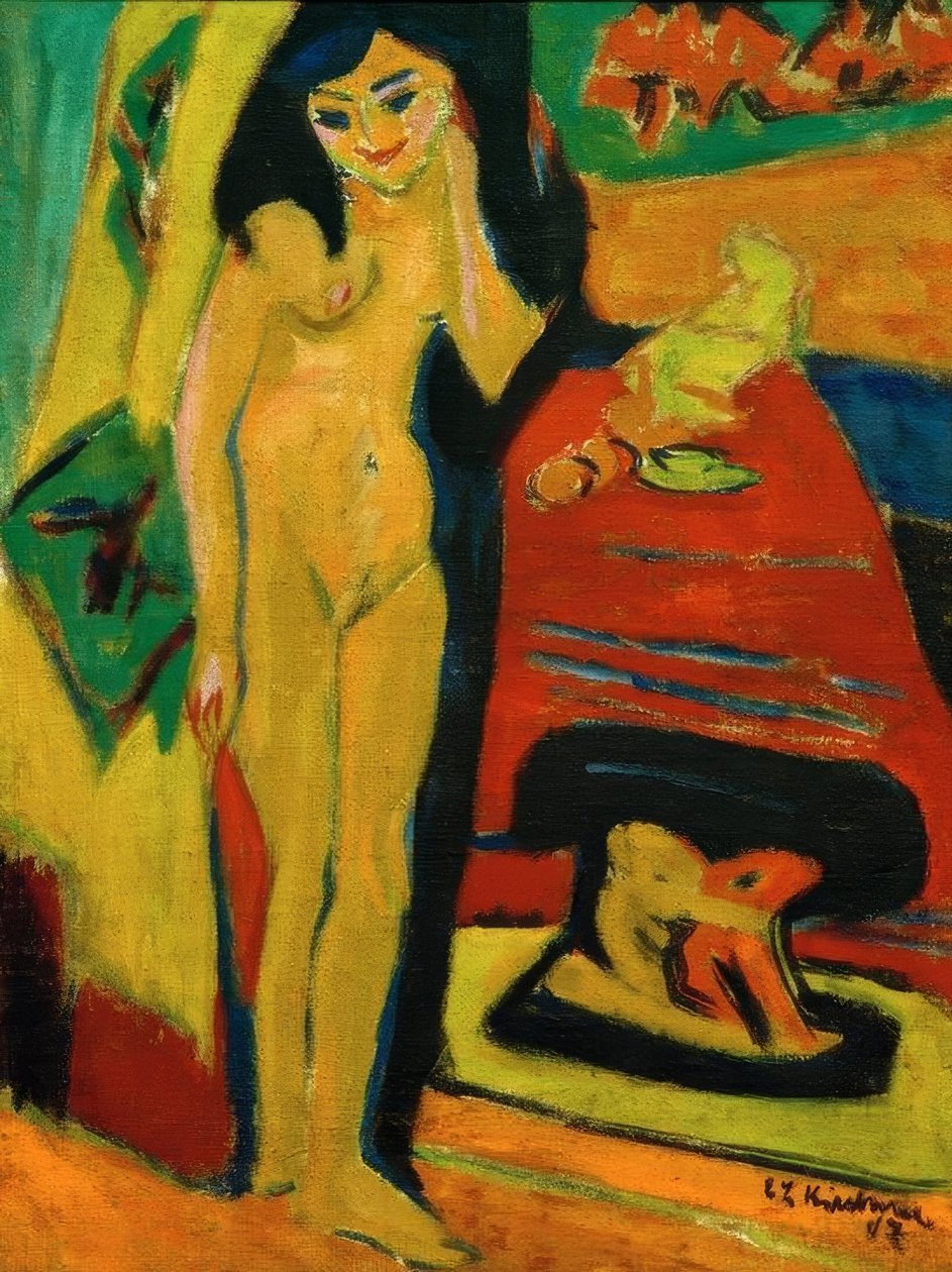 Nøgen pige bag gardinet (Fränzi) af Ernst Ludwig Kirchner