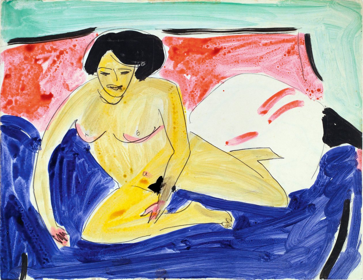 Nøgen siddende på en divan (Siddende nøgen på Divan). Værk af Ernst Ludwig Kirchner (1880-1938), akvarel og blæk på papir af Ernst Ludwig Kirchner