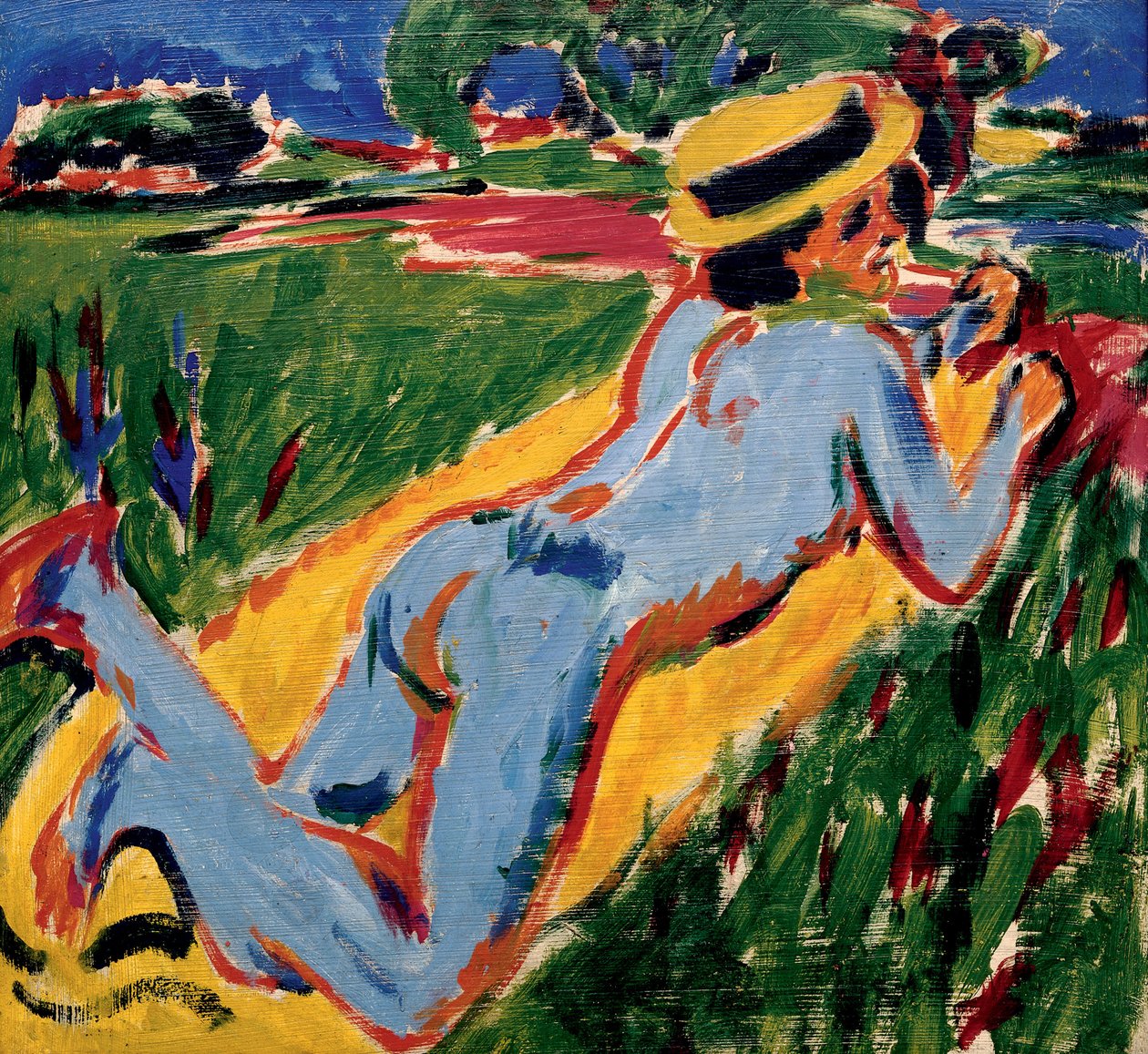 Nu bleu sover i stråhat. Værk af Ernst Ludwig Kirchner (1880-1938), olie på pap af Ernst Ludwig Kirchner