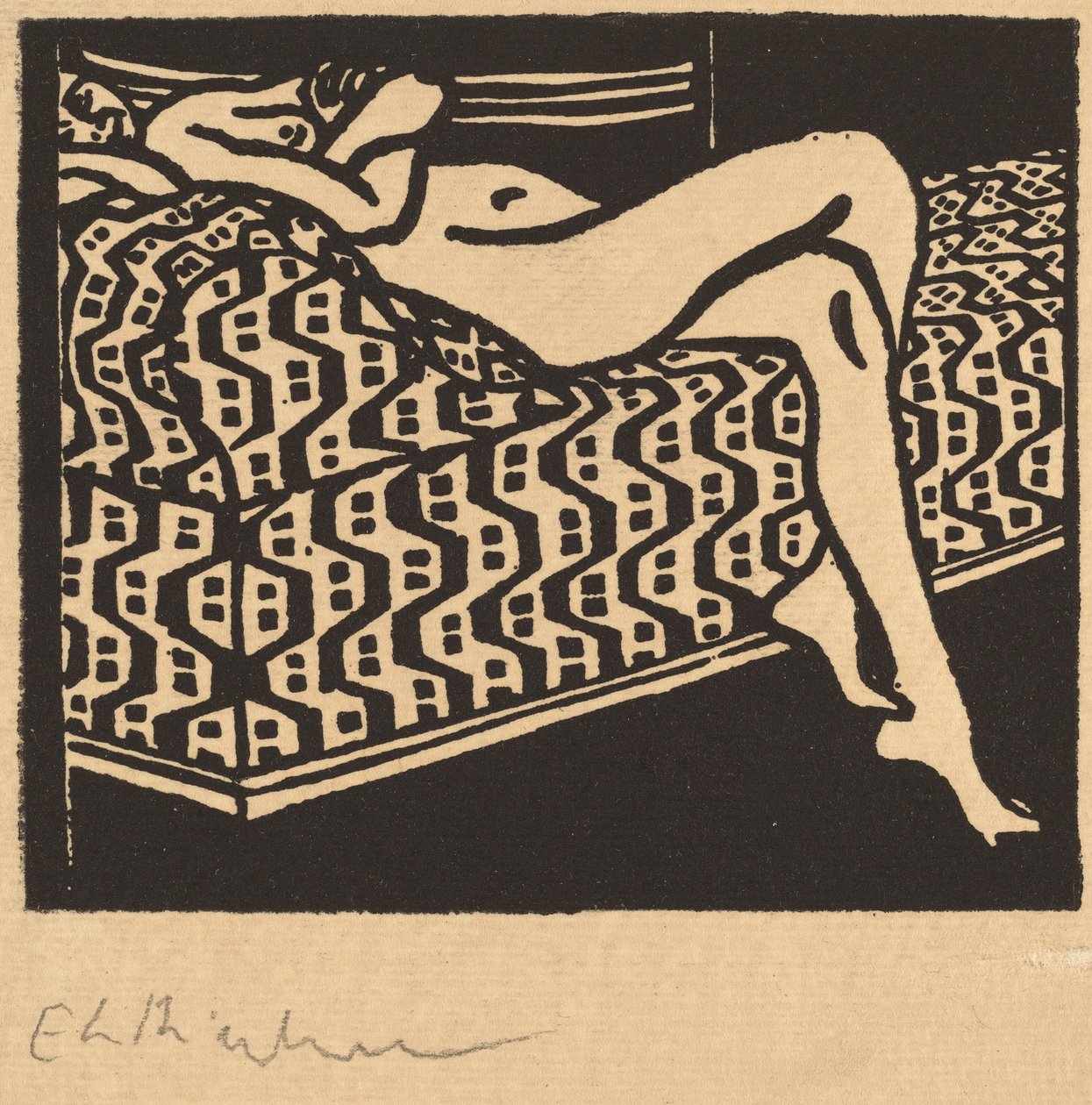 Nøgen pige liggende på en sofa af Ernst Ludwig Kirchner