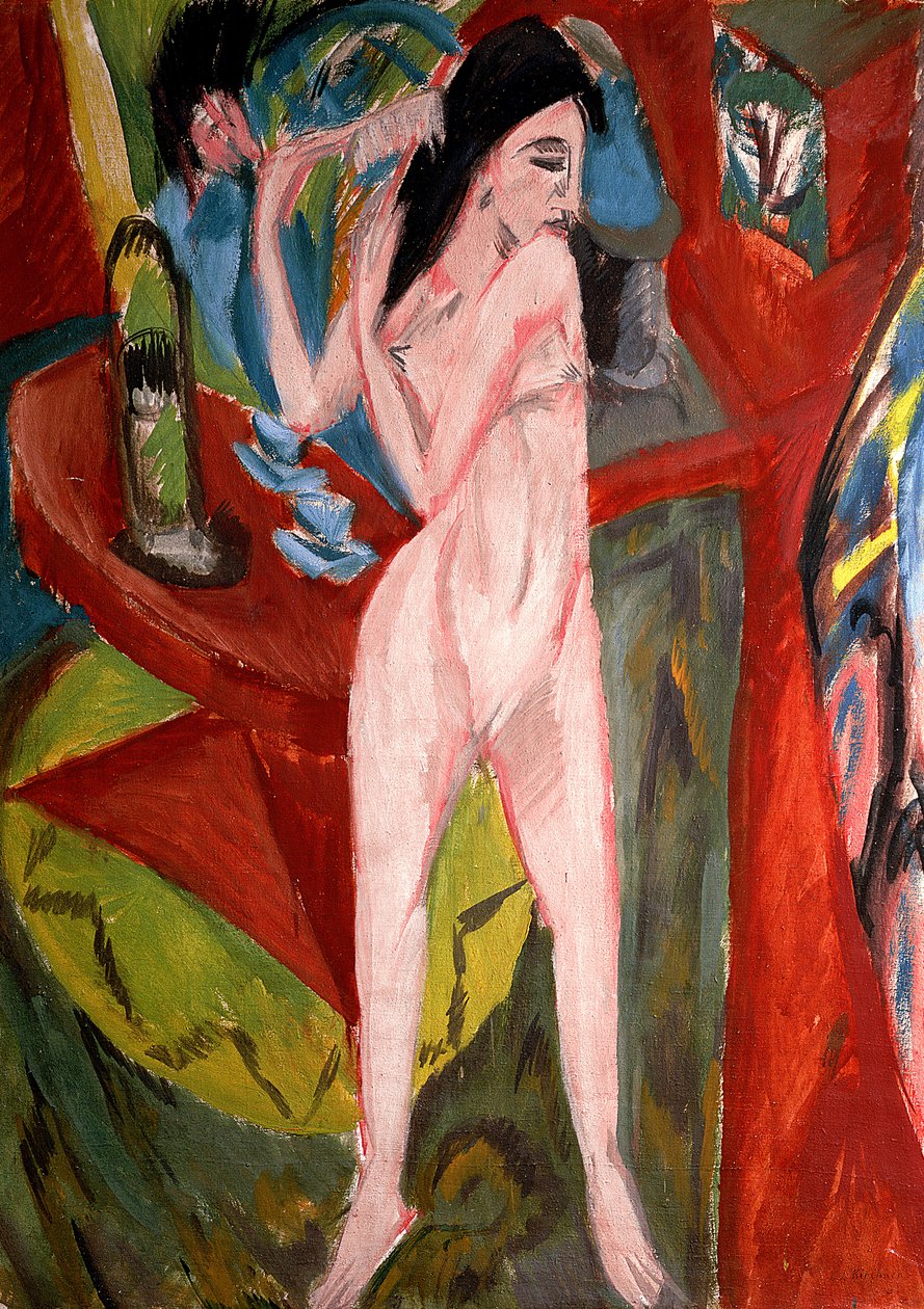 Nøgen kvinde reder sit hår af Ernst Ludwig Kirchner