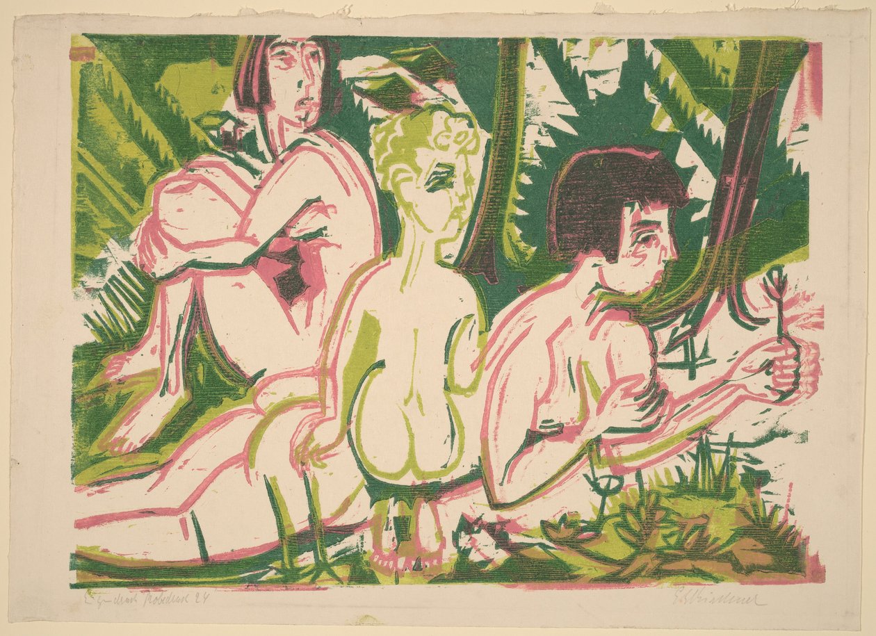 Nackte Frauen mit einem Kind im Wald af Ernst Ludwig Kirchner