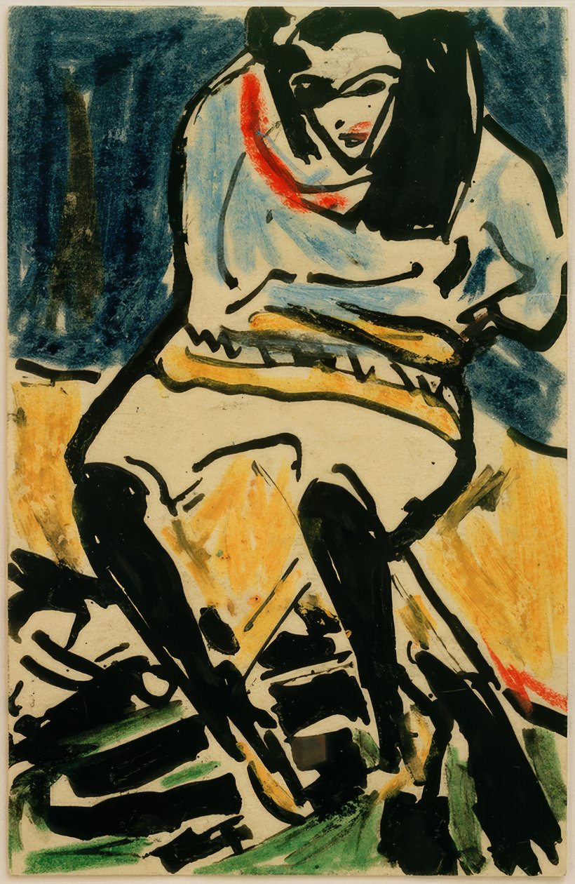 Postkort til Erich Heckel fra 6. april 1910 (Marzella på en klapstol) af Ernst Ludwig Kirchner
