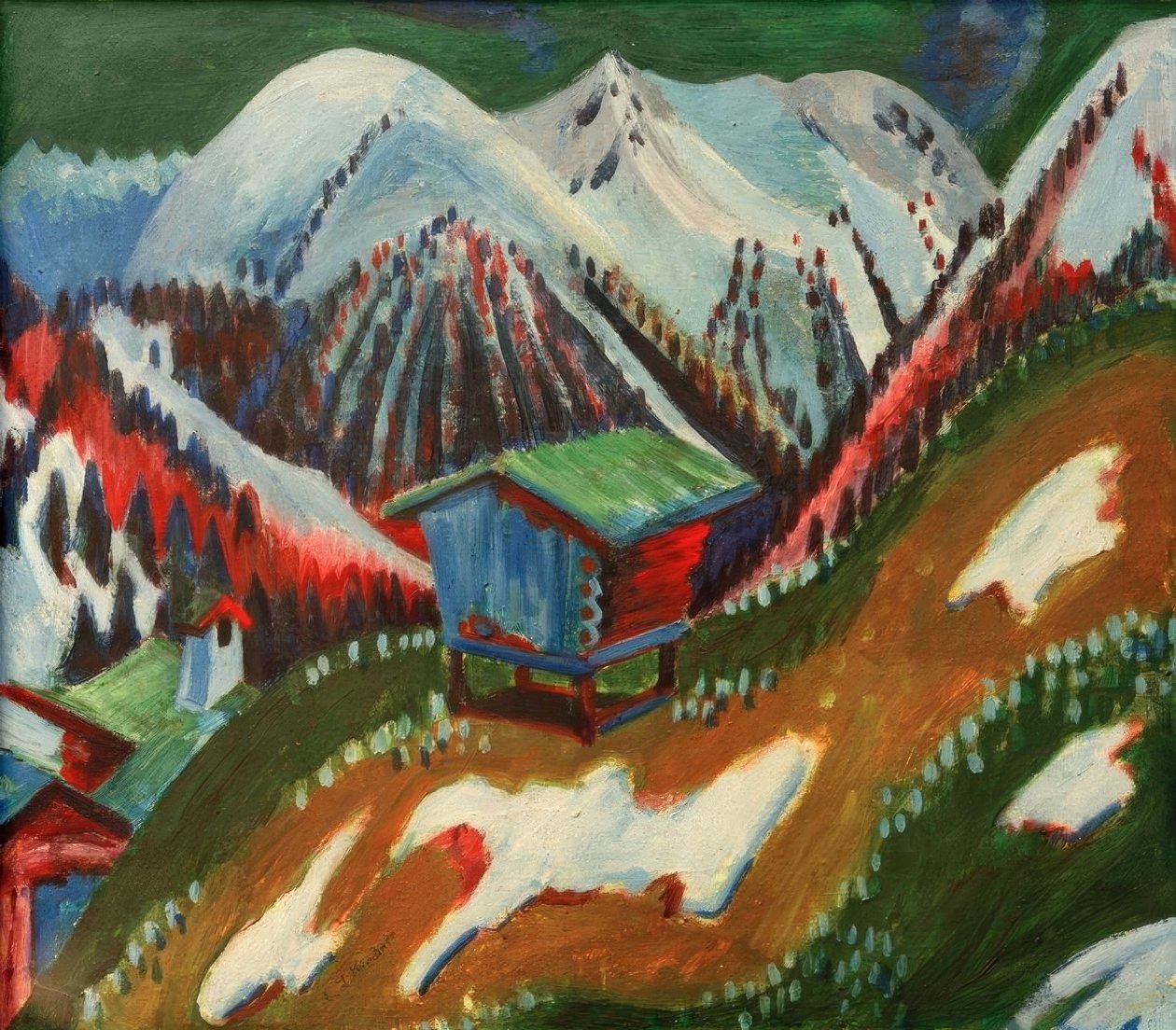 Smeltende sne. Bjerglandskab med en alpehytte af Ernst Ludwig Kirchner