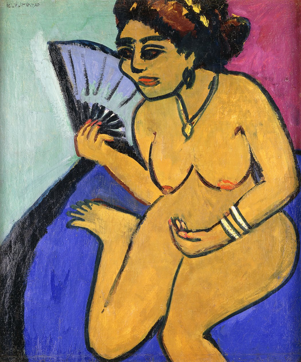 Siddende nøgen med ventilator; Siddende nøgen med vifte, 1910-11 af Ernst Ludwig Kirchner