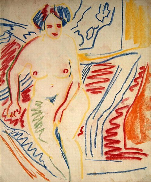 Sidder nøgen med blåt hår af Ernst Ludwig Kirchner