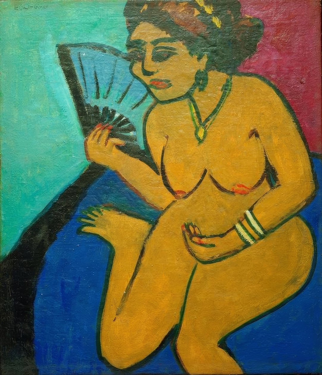 Sidder nøgen med en ventilator af Ernst Ludwig Kirchner