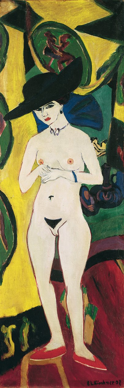 Stående nøgen med hat af Ernst Ludwig Kirchner