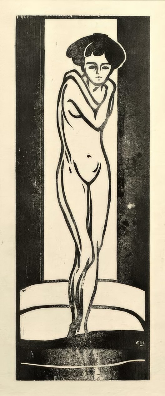 Stående nøgen pige med korslagte arme af Ernst Ludwig Kirchner