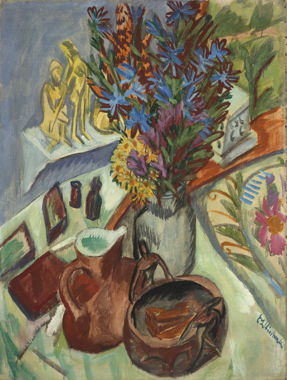 Stilleben med kande og afrikansk skål af Ernst Ludwig Kirchner