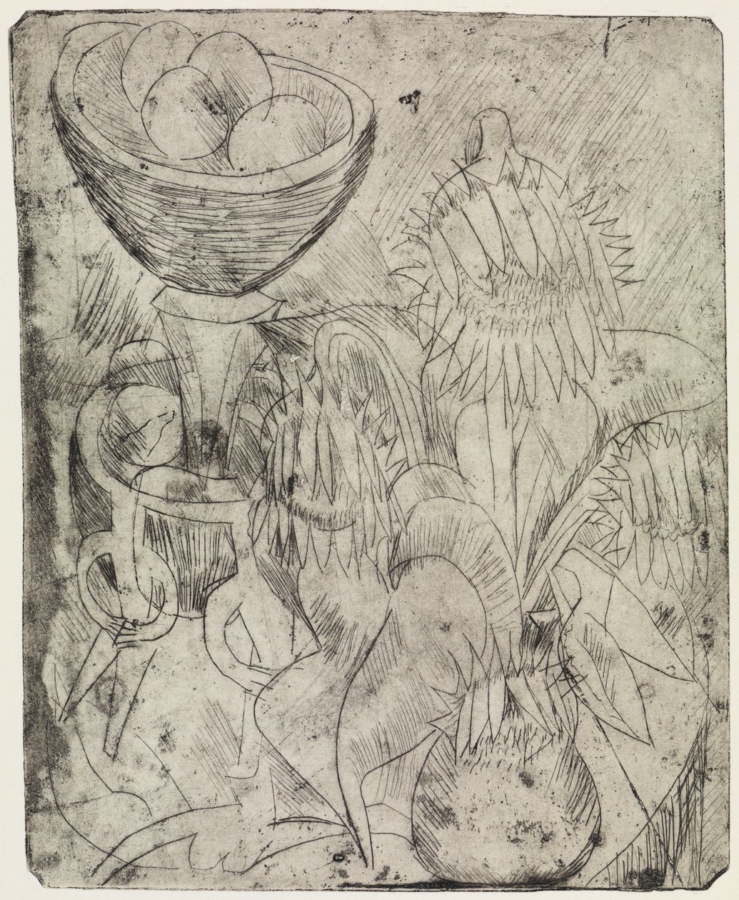 Stilleben med solsikker og frugtskål/en flok forbipasserende og elektriske apparater af Ernst Ludwig Kirchner