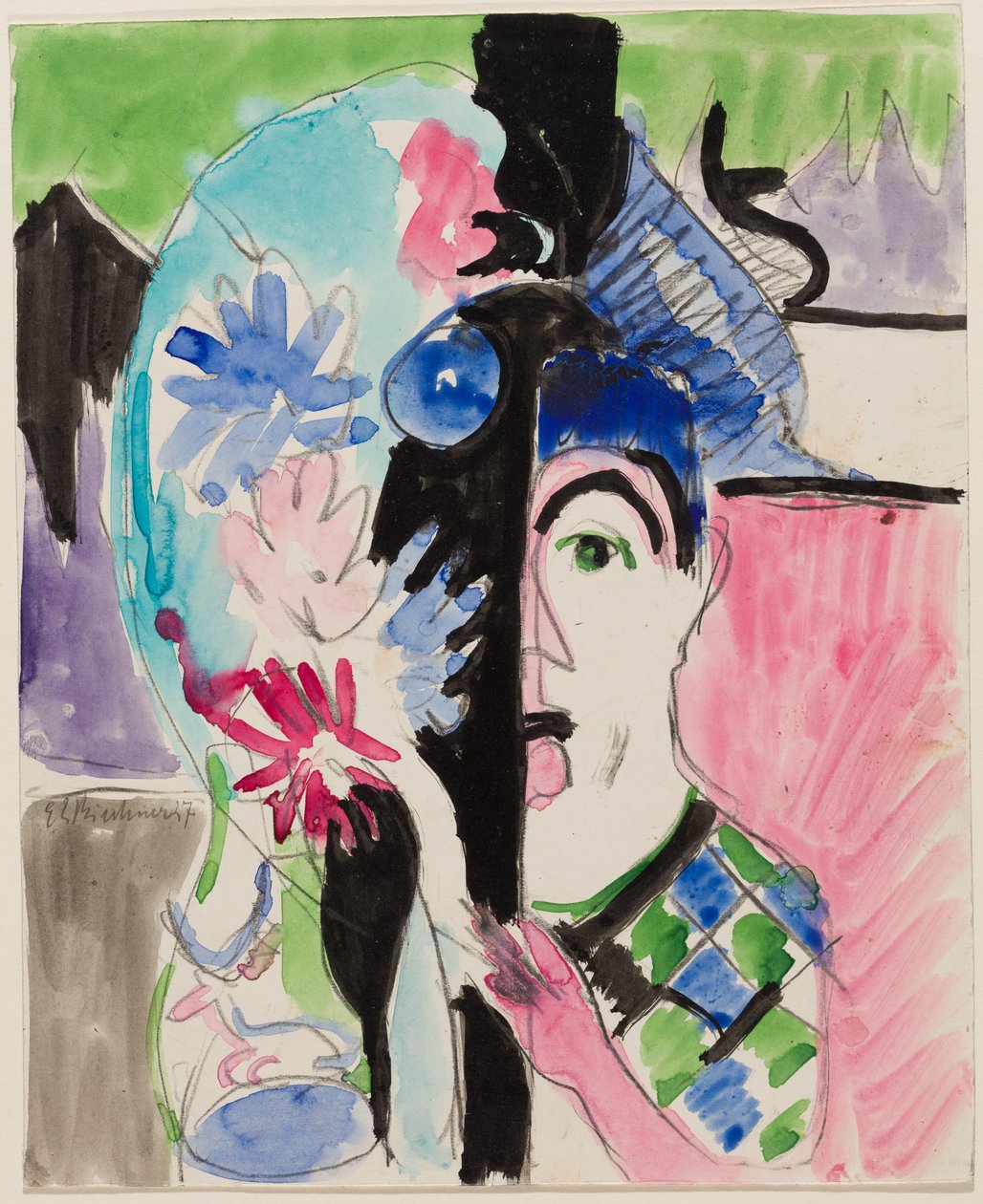 Studie til „Møllerhoved med blomster“ af Ernst Ludwig Kirchner