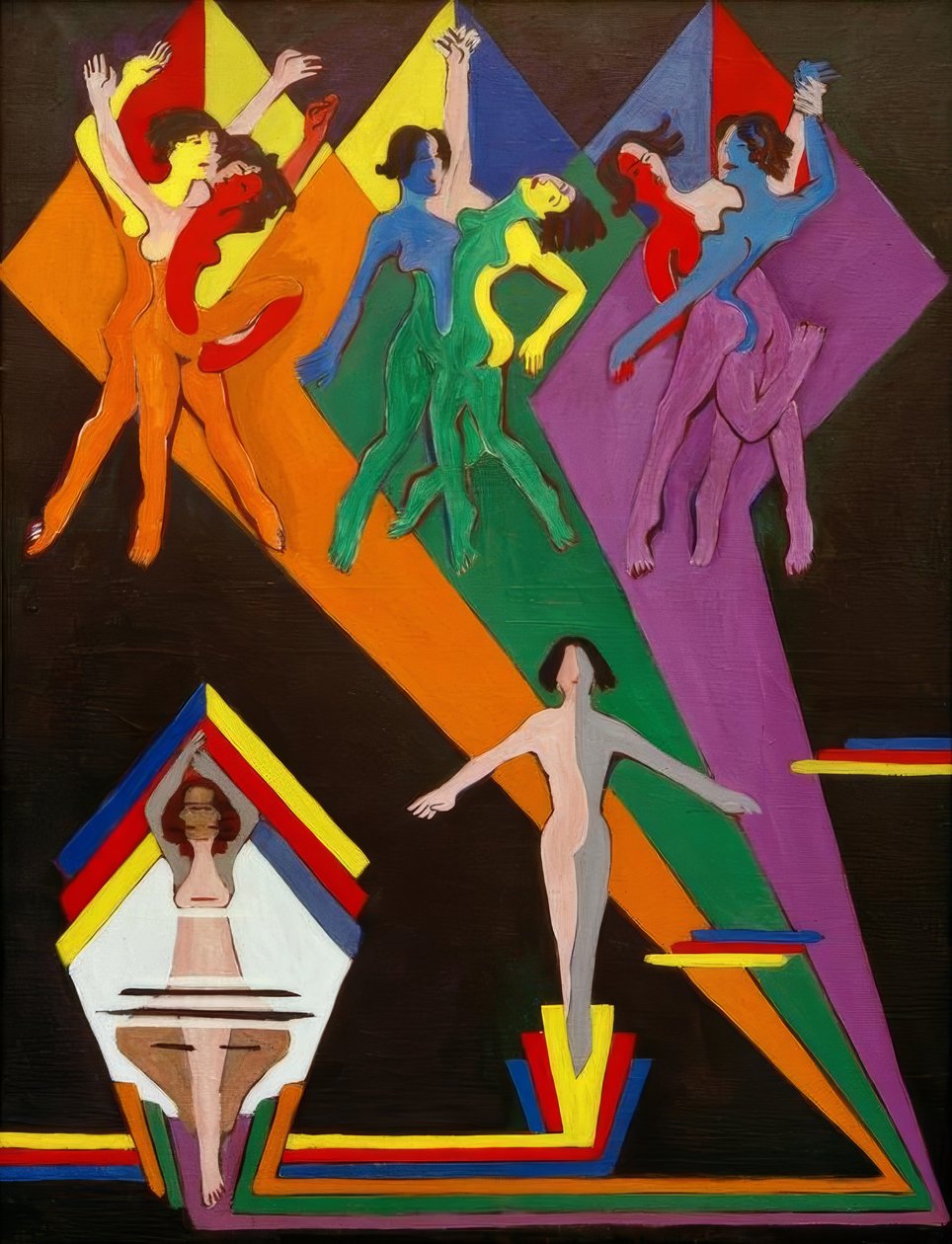 Dansende piger i farvede stråler af Ernst Ludwig Kirchner