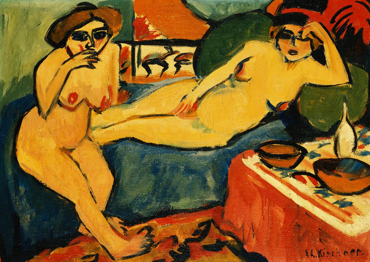 To nøgenbilleder på en blå sofa; To nøgenbilleder på blå sofa, ca. 1910-1920 af Ernst Ludwig Kirchner