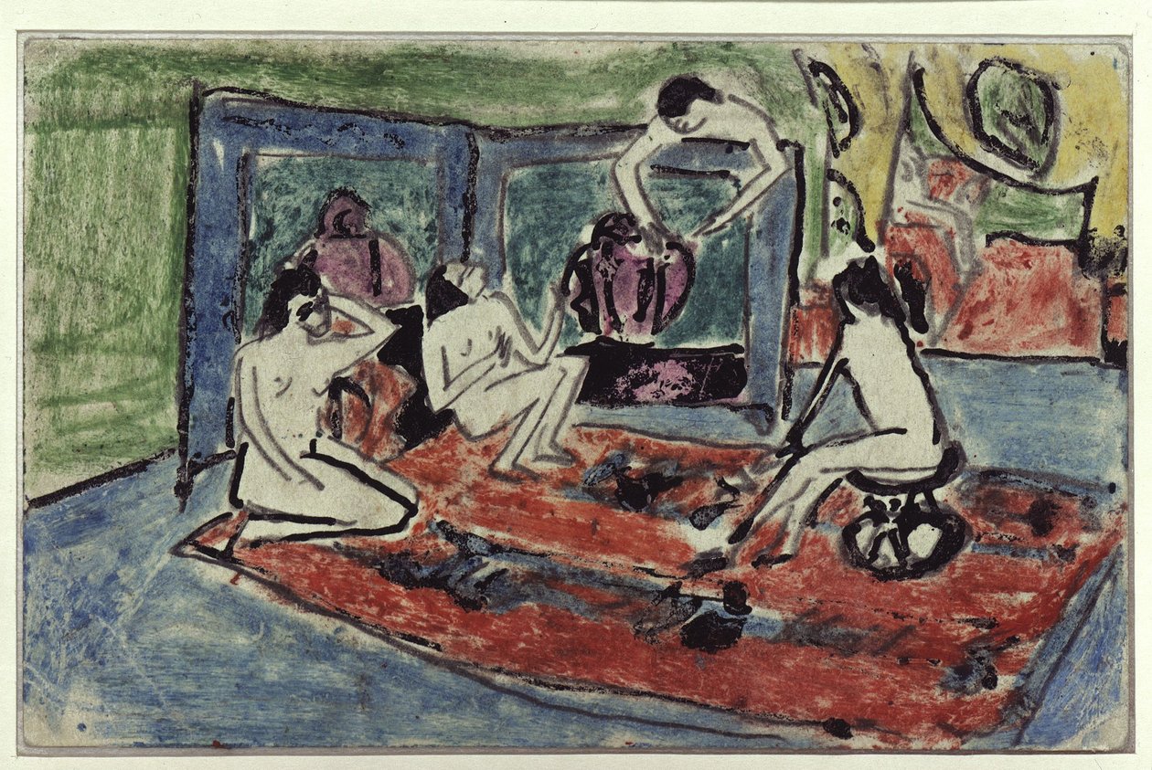 Fire nøgne i atelieret (postkort til Maschka Müller) af Ernst Ludwig Kirchner