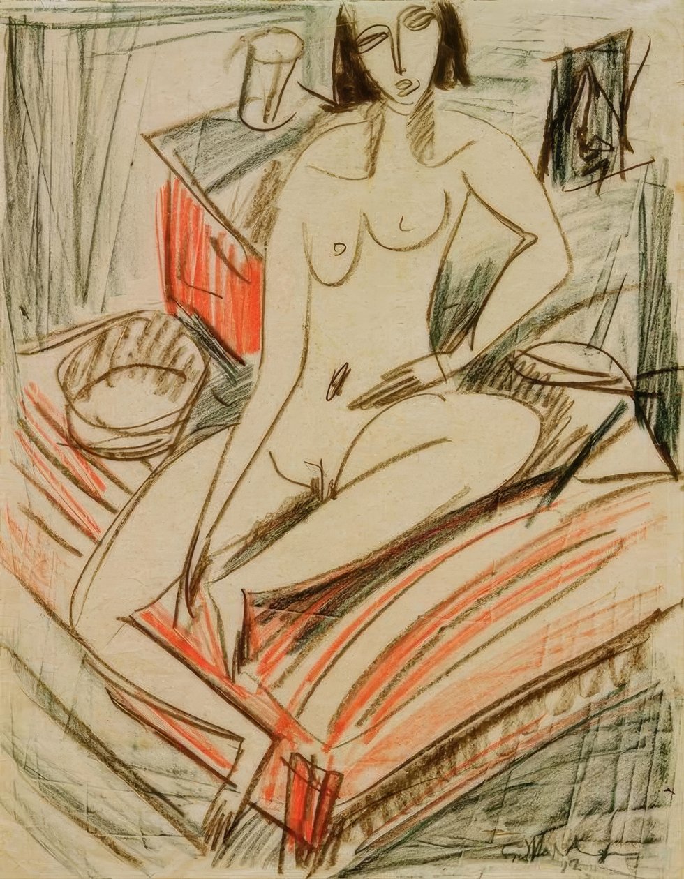 Kvinde nøgen, sidder på sengen af Ernst Ludwig Kirchner