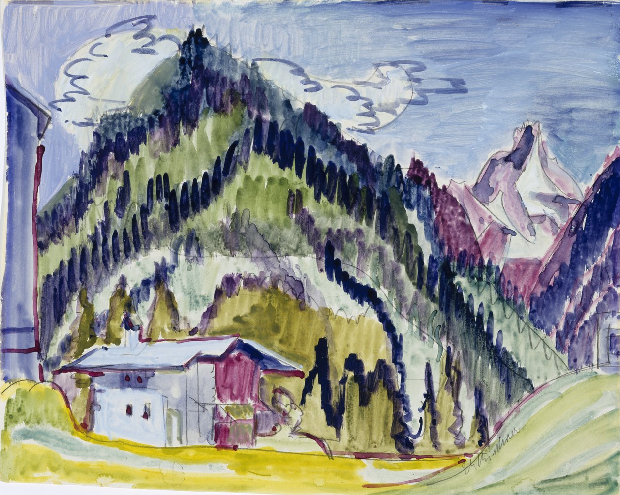 Wilderness Home, 1924-25 (wc & grafit på papir) af Ernst Ludwig Kirchner