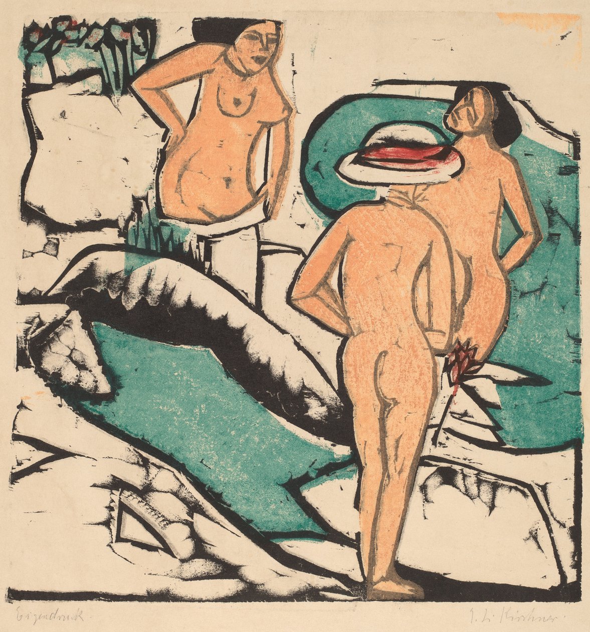 Kvinder bader mellem hvide sten, 1912 (farvet træsnit trykt i sort, grøn, orange og rød) af Ernst Ludwig Kirchner
