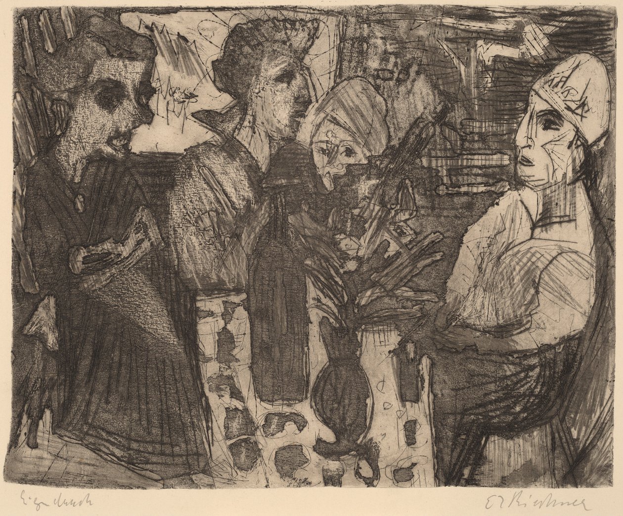 Kvinder ved et bord i et værelse af Ernst Ludwig Kirchner