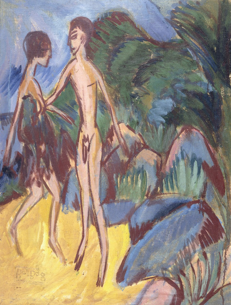 Ungdom og nøgen pige på stranden; Nackter Jungling und Madchen am Strand, 1913 af Ernst Ludwig Kirchner