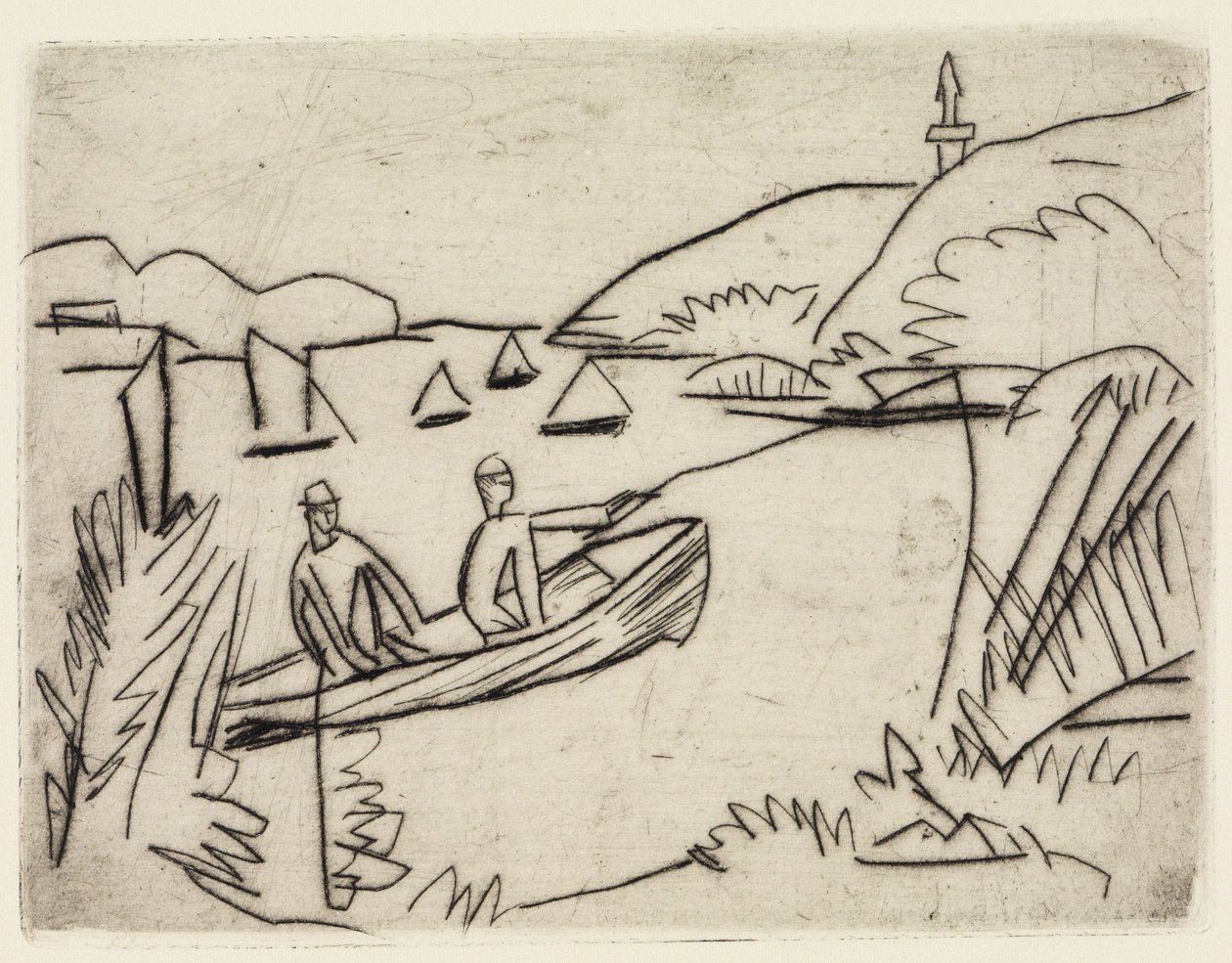 To badende ved dammene i Moritzburg/En lystfisker i en båd på Müggelsee af Ernst Ludwig Kirchner