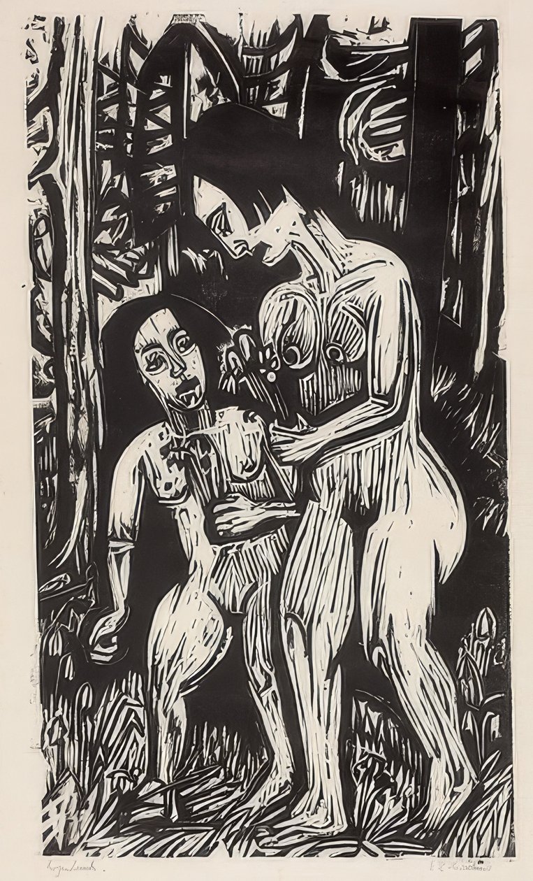 To nøgne piger med blomster i skoven. 1923 af Ernst Ludwig Kirchner