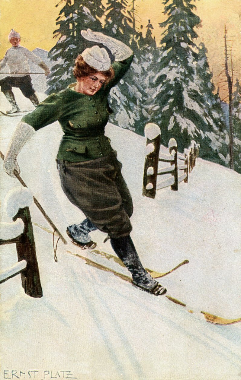 Kvinde på ski, slutningen af det 19. eller begyndelsen af det 20. århundrede. af Ernst Platz