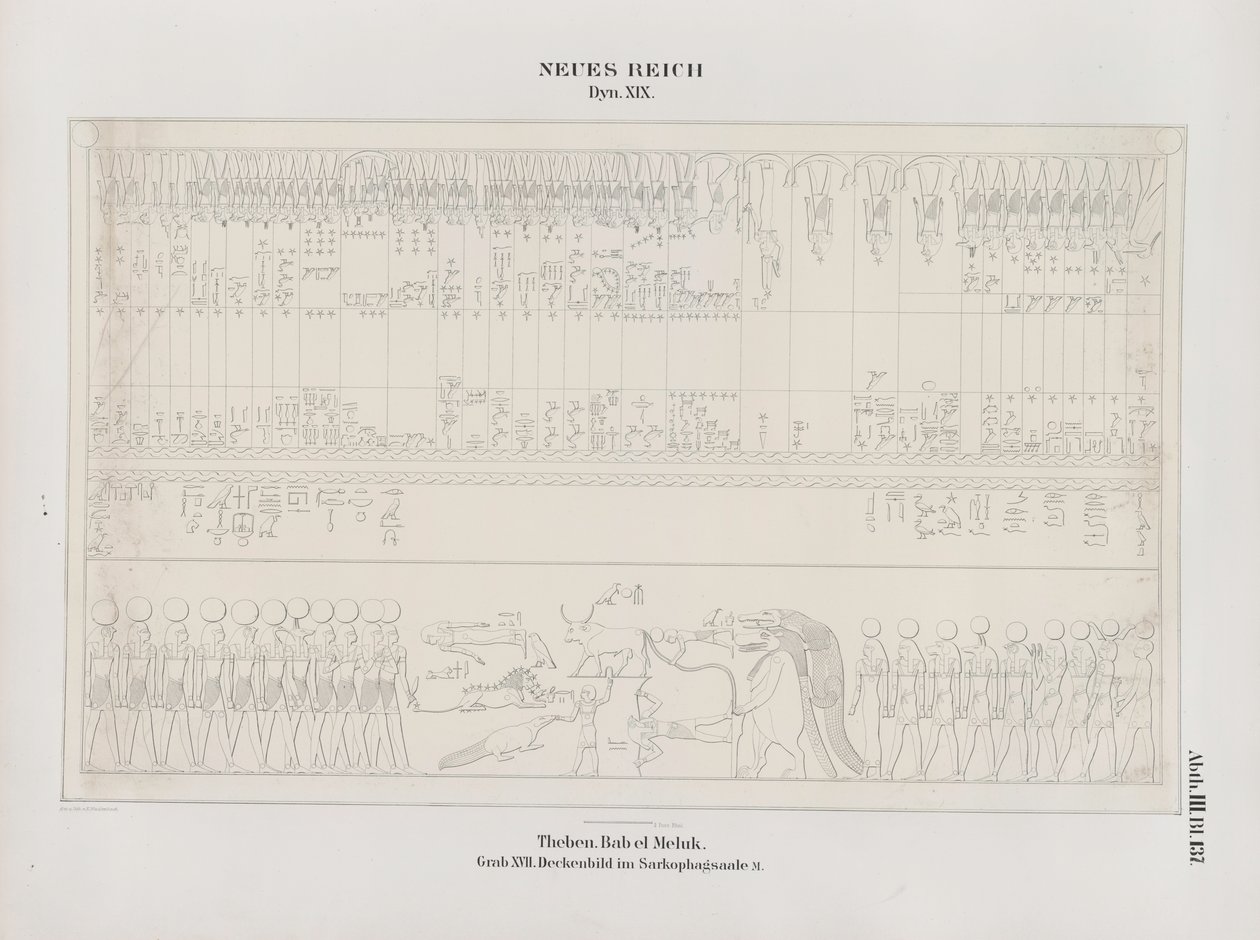 Drawing of the ceiling painting in the Sarcophagus Hall, 19th Dynasty, Thebes, Biban-el-Muluk, New Kingdom, illustration from "Monuments to Egypt and Ethiopia ...", by Richard Lepsiusdani af Ernst Weidenbach