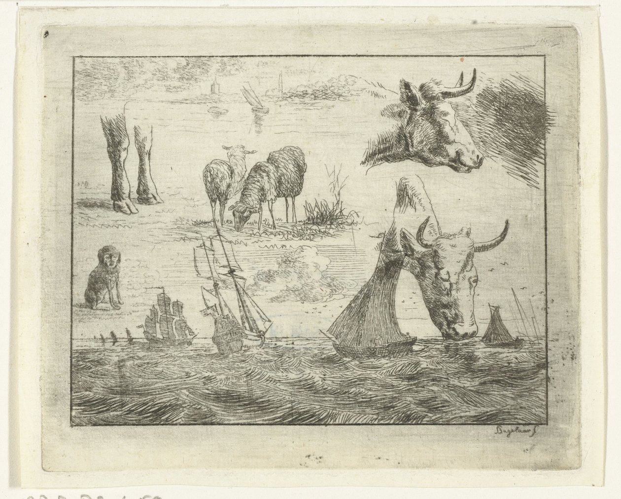 Studieark med havlandskab, to kohoveder, får, en hund og to ben af Ernst Willem Jan Bagelaar
