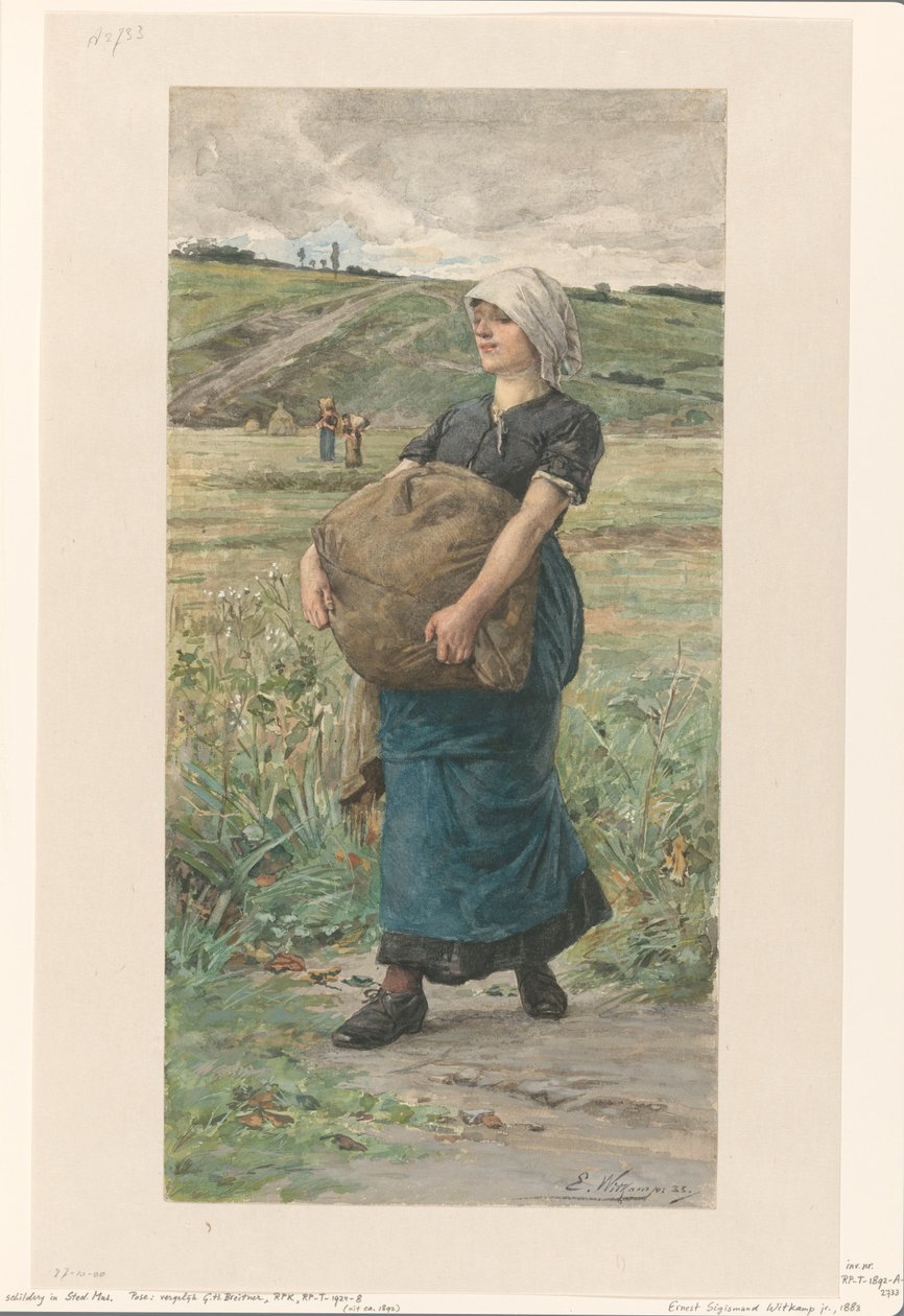 Vandrende kvinde med tung taske af Ernst Witkamp (signed by artist)