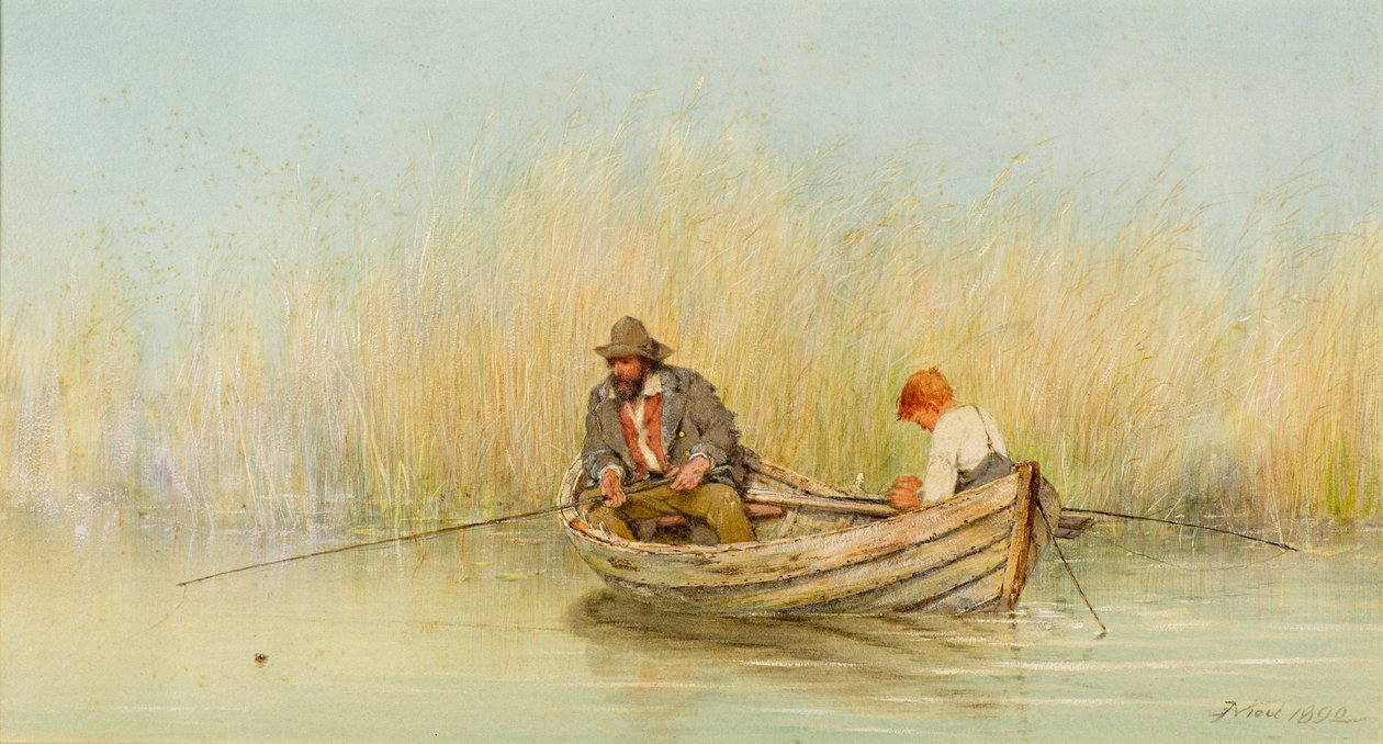 Studie af en mand og en dreng, der fisker fra en båd af Erskine Nicol
