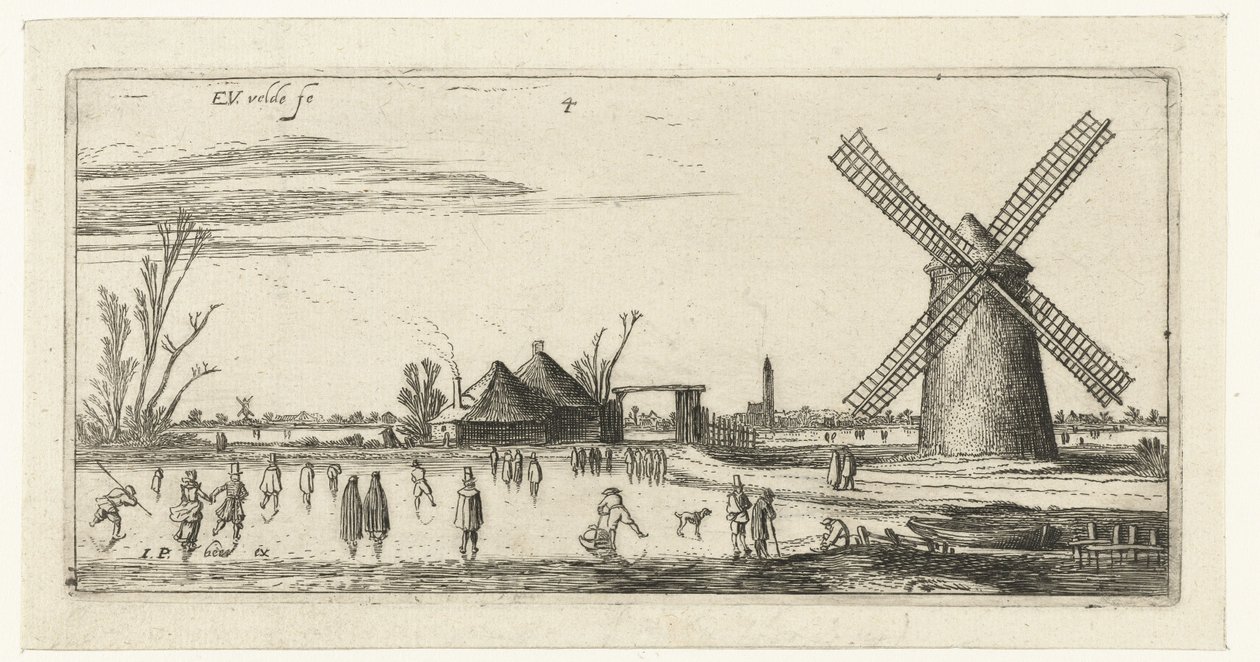 Skøjteløbere på isen ved en mølle nær Penningsveer af Esaias van de Velde